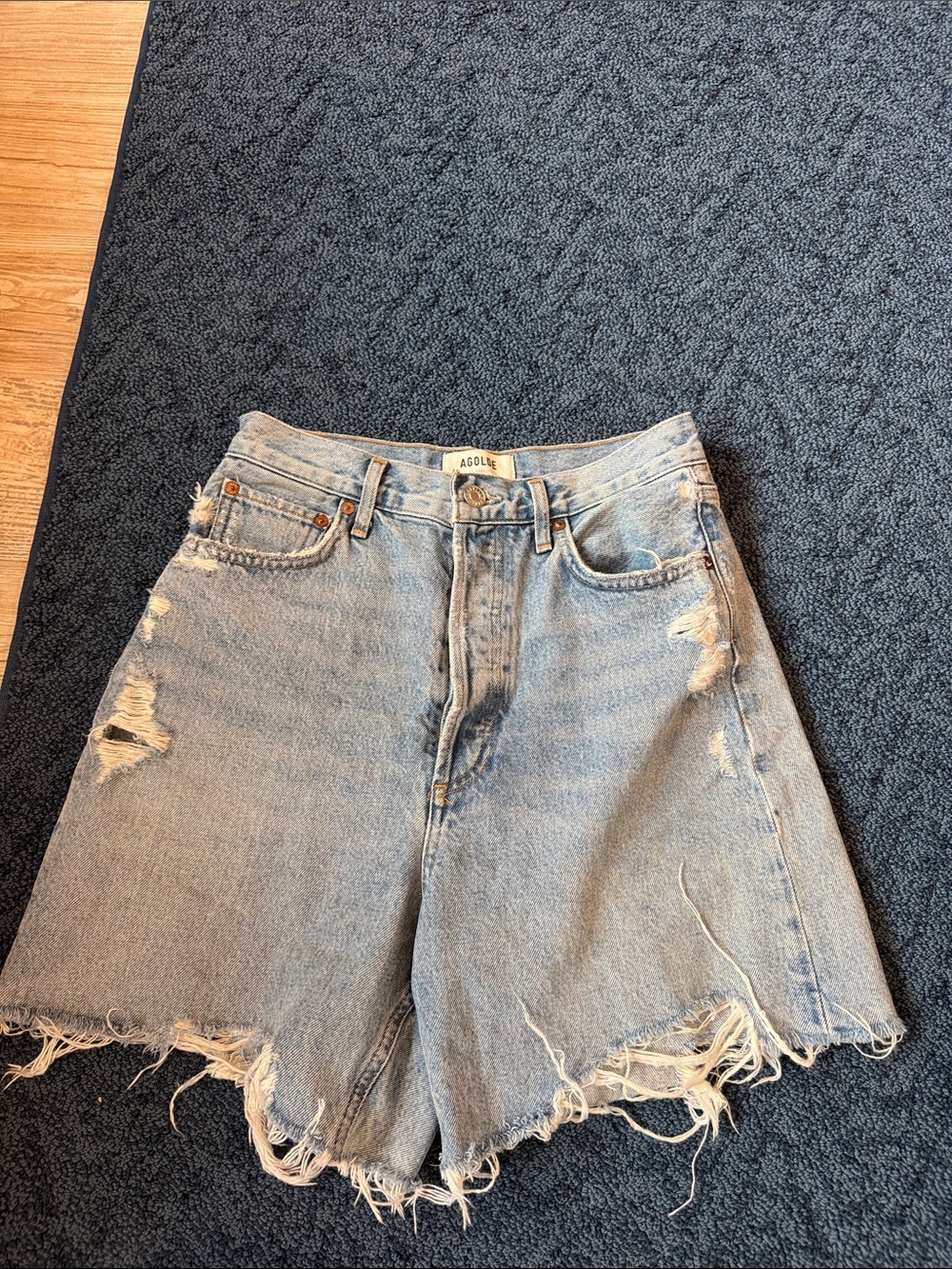 Agolde Light Blue Distressed Denim Jean Shorts